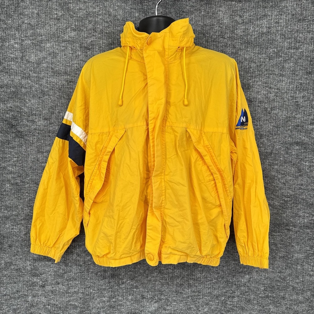Nautica Jacket Mens Medium Yellow Canvas Hooded Windbreaker Lined Logo Sailing‎